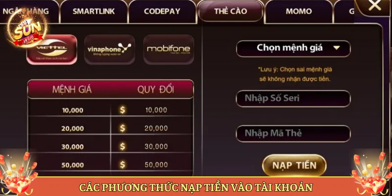Các Phương Thức Nạp Tiền Vào Tài Khoản